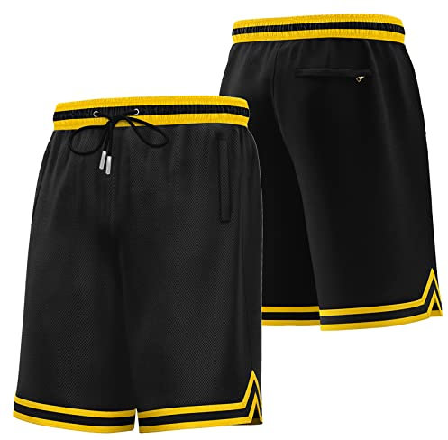 KXK Herren-Basketball-Shorts aus Netzstoff, sportlich, für Fitnessstudio, Laufen, Training, Shorts mit Taschen, Schwarz/Gelb, XL
