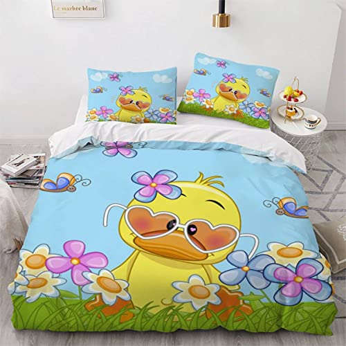 VASENA Bettwäsche Ente Karikatur Bettwäsche 135x200 Kinder Süße Tiere Bettbezug Set Weich Microfaser Kinderbettwäsche 3 Teilig Mit ReißVerschluss Mit 2 Kissenbezug 80x80 cm