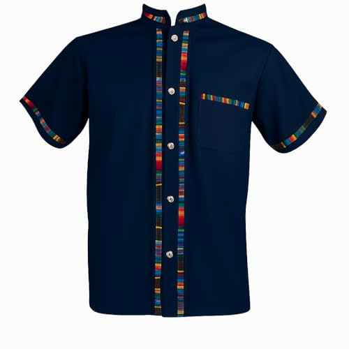 Men's Mexican Guayabera Shirt Short Sleeve 100% Cotton Manta Traditional Latin Button Down Beach Wedding Shirt Made in Mexico(X-Large, Navy)
