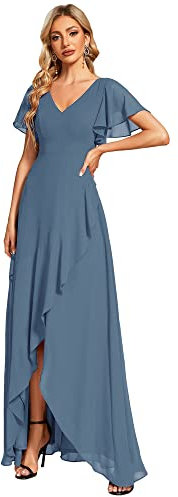 Ever-Pretty Vestido de Gala Escote en V Manga Volantes A-línea sin Respaldo Alto Bajo Largo sin Elasticidad para Mujer Cómodo Armada Polvorienta 40