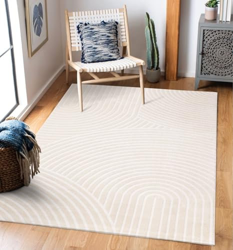 TT Home Wohnzimmer Teppich Kurzflor Boho Skandi Bogen Motiv Unifarben Hoch-Tief-Effekt, Farbe:Creme, Größe:200x290 cm