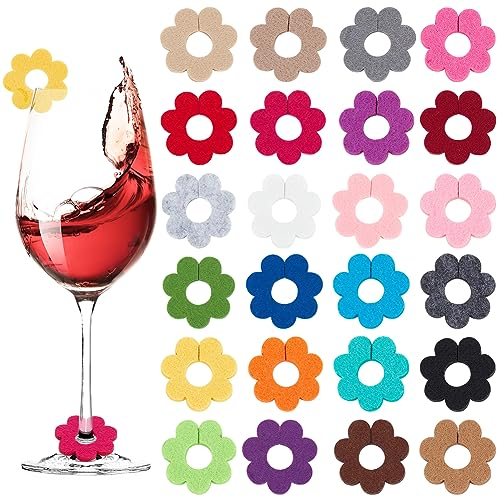 BENECREAT 24PCS Fleur Feutre Verre à Vin Charmes, Marqueurs D'Identification de Vin Marqueurs de Boisson Étiquettes pour Cocktail Champagne Party Favors Décoration, 24 Couleurs