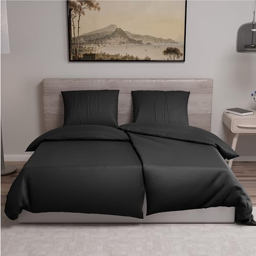 Dreamzie - Bettwäsche 135x200 cm 4teilig mit Kissenbezügen 80x80 cm Schwarz - Bettbezug 135x200 Einzelbett aus 100% Mikrofaser - Zertifiziert ohne Chemikalien (Oeko TEX)