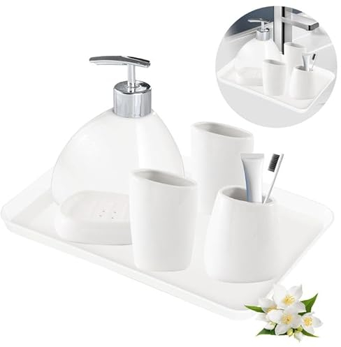Set Bagno Accessori Completo in Ceramica, 6 Pezzi Set Accessori Bagno Moderno Include Dispenser di Sapone, Portaspazzolino, Coppetta per Collutorio, Scatola per Sapone e Vassoio, Bianco