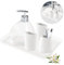 Set Bagno Accessori Completo in Ceramica, 6 Pezzi Set Accessori Bagno Moderno Include Dispenser di Sapone, Portaspazzolino, Coppetta per Collutorio, Scatola per Sapone e Vassoio, Bianco