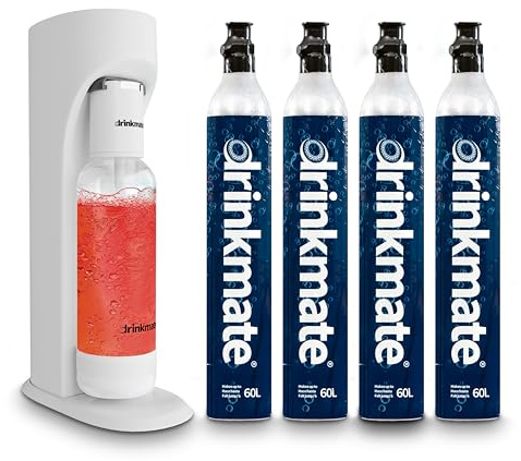 Drinkmate OmniFizz Sparkling Beverage Maker CO2 Bundle - Sparkling Water/Soda Streaming Machine That Carbonates Any Drink - Includes 4 CO2 Cylinders,1 Carbonation Bottle,1 Fizz Infuser - Classic White