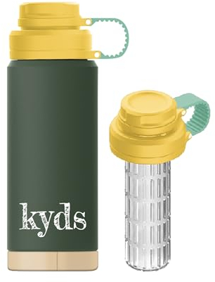 kyds® Trinkflasche Kinder, Thermo Edelstahl Wasserflasche, 500ml, Auslaufsicher, mit Fruchteinsatz, Kohlensäure geeignet, BPA-frei, spülmaschinenfester Deckel, Trinkflasche für Schule Sport