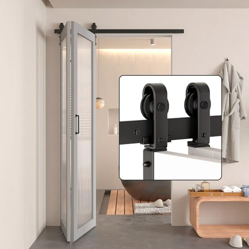 DonYoung Kit de herrajes para puerta corredera de granero plegable de 52 pulgadas para 2 puertas, riel modular resistente con rodillo montado lateral para un funcionamiento suave, solución plegable