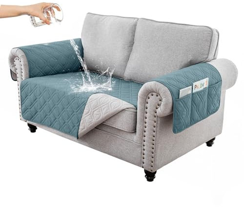 RAPRAP 100% Wasserdichter Sofabezug 2 Sitzer, rutschfest Sofa Überzug mit Tasche, Waschbare Couch Überzug für Kinder, Haustiere, Hunde,Gray Blue,2 Seater