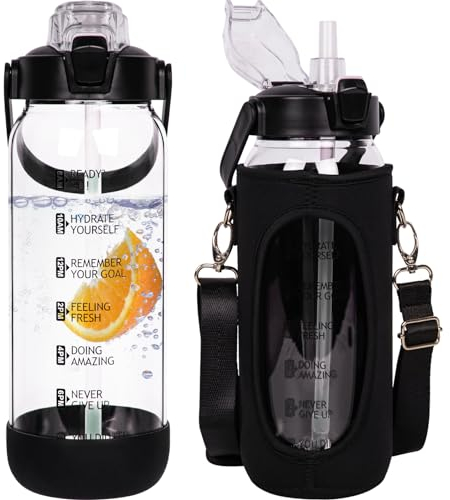 Seekua 2 litros Botella Agua Vidrio Deportiva de con Pajita y Marca de Tiempo Motivacionales, 2l Grande Botella Agua Cristal a Prueba de Fugas para Gimnasio