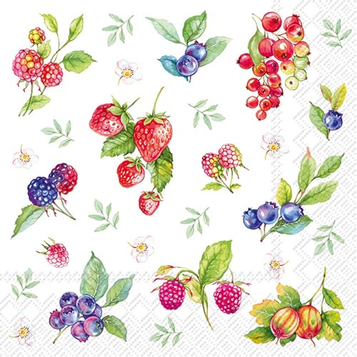 20 Servietten Essen & Trinken Leckere Beeren mit Blätter als Tischdeko. Papierservietten mit Motiv. Auch für Decoupage und Serviettentechnik 33x33cm