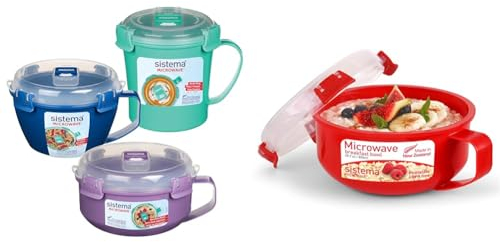 Sistema 3 Pack Soup, Porridge & Noodle Bowl to Go, Assorted Colours & Microwave Breakfast Plastic Bowl | Round Microwave Container with Lid & Steam Release Vent | 850 ml | BPA-Free | Red | 1 Count
