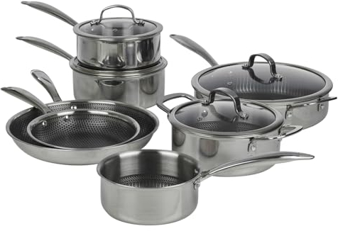 HEXTEC Laser Etched Honeycomb Non Stick Stainless Steel Cookware Pots, Pans & Frying Pan Sets, Induction Ready, Oven & Dishwasher Safe with Stay Cool Handles, PFOA Free Set of 5/6/7/8 Pcs