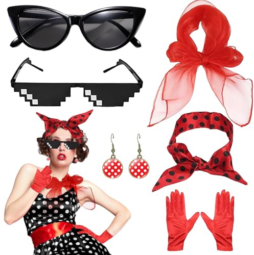 CWENDANER 6 Stück Rockabilly Accessoires Rot 50er Jahre Damen Kleid Zubehör 1950s Kostüm Set mit Chiffon Schal Polka Dot Stirnband Katzen Auge Brille und Mosaik Brille für Motoparty Retro Teily Party