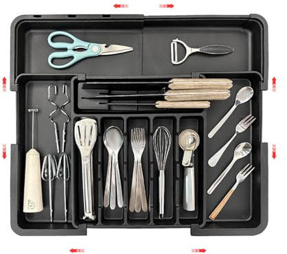 hssopa 2025 Range Couverts,Rangement Couvert Extensible,Ajustable Pour Tiroir Cuisine,Organisateur Tiroirs,Range Couverts Pour Tiroir,Extensible 56 CM Rangement Tiroir(Noir Avec porte-couteau)