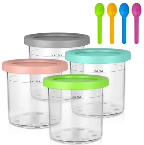 OFFCUP Récipients à Crème Glacée de Rechange, Lot de 4 Bacs À Crème Glacée Pour Ninja Creami Deluxe NC301 NC299AMZ NC300 Series, Pots de Crème Glacée avec Couvercle Et Cuillère, Sans BPA 16 oz