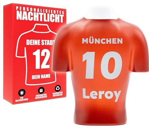 LAMPARENA - Fußball Nachtlampe mit Name & Nummer – LED Nachtlicht für Kinder & Erwachsene, perfekte Wanddeko & Geschenk für Männer [Rot | 25x30 cm]