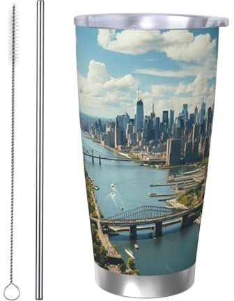 Edelstahlbecher mit Deckel und Strohhalm, doppelwandig, vakuumisoliert, Thermobecher, Penthouse-Blick über New York Manhattan, Reise-Kaffeetasse, wiederverwendbare Wasserflasche für heiße und kalte