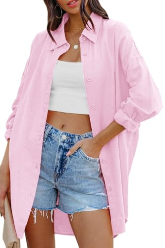 Cicy Bell Women's Blouse Oversized Cotton Shirts with Pockets | Long Sleeve, Button Down, Solid, Casual, Summer Basic Top