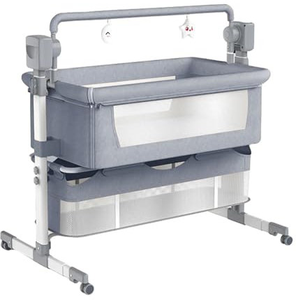 Veitoalioy Beistellbett Baby, Stubenwagen Baby mit Rollen, Das Schaukeln Kann Babybett, Babybett mit Mehreren Gängen und Geschwindigkeitsanpassungen (601 Mid Grey)
