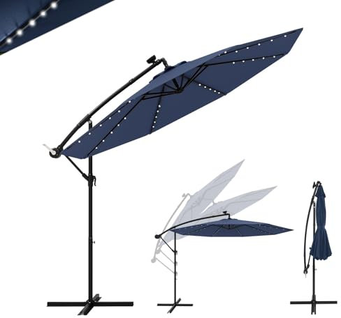 GOPLUS 3M Parasol Déporté avec Lumière LED, Parasol de Jardin Extérieur 8 Baleines avec Base Croisée, Grand Parasol Inclinable 35° avec Manivelle pour Patio Terrasse Marché (Bleu Marine)