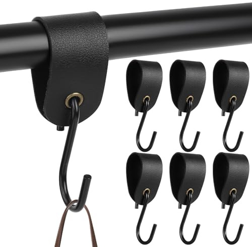 6 Sets S Haken mit Lederschlaufe Schwarze Kleiderhaken Garderobenhaken, Edelstahl S-haken mit Lederschlaufen, für Küche, Bad, Schlafzimmer, Büro, Handtuch, Tasche, Kleiderhaken Fleischerhaken