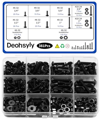 Deohsyly 381Pcs Machine Screws Nuts and Bolts Assortment Kit, #6-32/#8-32/#10-24 Phillips Pan Head Assorted Black Oxide 304 Stainless Steel Bolts & Nuts & Flat Washers, with Case