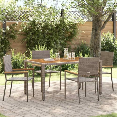 Holamys Garten Stapelstühle 4er Set, Grau Braun, PE Rattan Akazienholz, 54x56x90 cm, platzsparend, UV-beständig, Bequeme Terrassenstühle für Outdoor-Bereiche