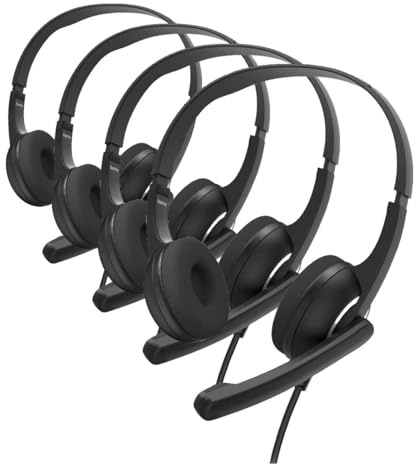 Hama | Auriculares de Oficina para PC (Auriculares con Micrófono, Conector Jack 3,5mm, Rueda de Control de Volumen, Ajuste, Cable Extralargo) Color Negro (Paquete de 4)