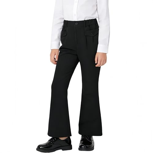 Rolanko Girls School Trousers, Elastic Waist Flare Straight Leg Stretch Uniform Formal Dress Suit Pants