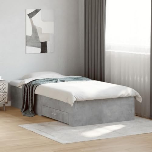 Cadre de Lit Gris Béton 90x200 cm, Bois d'Ingénierie Durable avec 2 Tiroirs de Rangement, Lattes Robustes, Lit Plateforme Moderne pour Chambre