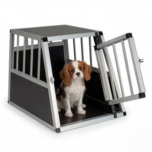 GYMAX Travel Dog Crate, Aluminum Dog Transport Box with Lockable Door & Trapezoidal Design, Chew-proof Puppy Cage for Camping Truck (69.5 x 54 x 50.5 cm,without Removable Divider)