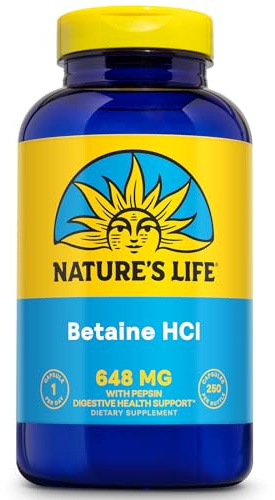 NATURE'S LIFE Betaine HCL with Pepsin - Digestive Health Formula with Digestive Enzymes for Gut Health Support - High Potency Hydrochloric Acid Supplement, 60-Day Guarantee, 250 Servings, 250 Capsules