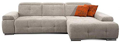 CAVADORE Schlafsofa Mistrel mit Longchair XL rechts / Große Eck-Couch im modernen Design / Mit Bettfunktion / Inkl. verstellbare Kopfteile / Wellenunterfederung / 273 x 77 x 173 / Kati Grau-Weiss