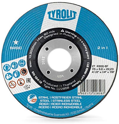 TYROLIT 2-in-1 Grinding Disc for Stainless Steel for Angle Grinders - 115 x 6.0 x 22.23 mm (Pack of 10)