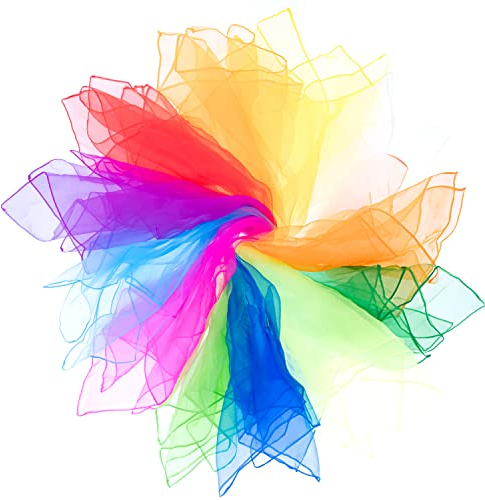 Mister M | Set de Foulards de jonglage | 12 Tissus en Mousseline 60x60cm pour la Danse, Les activités sensorielles et la Jonglerie en Cascade | 12 Couleurs différentes | avec tutoriel vidéo en Ligne