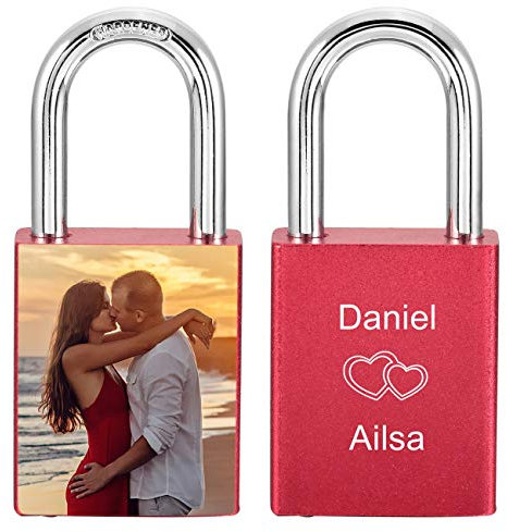 MeMeDIY Personalisierte Schlossgravur Foto/Text/Datum/Symbole für Männer Frauen Paare Liebe Aluminium Memorial Anniversary Bridge Vorhängeschloss mit Schlüssel (rote Farbe)