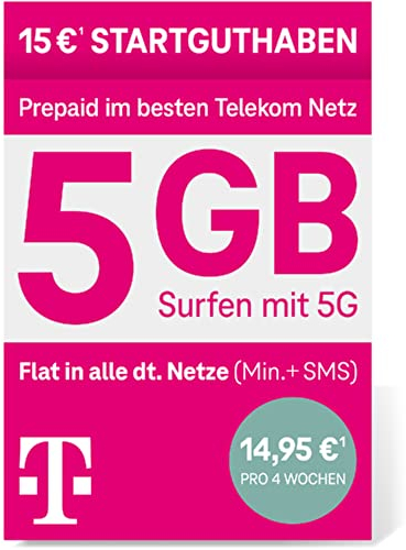 Telekom MagentaMobil Prepaid L I 8GB Datenvolumen I SIM-Karte ohne Vertragsbindung I Allnet Flat (Min, SMS) in alle dt. Netze I EU-Roaming I Surfen mit 5G/ LTE Max & Hotspot Flat