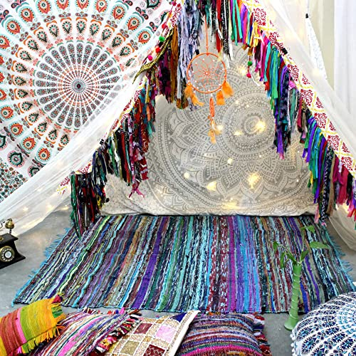 Aakriti Gallery Handgefertigter Flickenteppich, Chindi-Teppich, Mehrfarbig, indische Matte, recycelter Teppich, Boho-Dekoteppich, 1,5 x 0,9 m, Türkis
