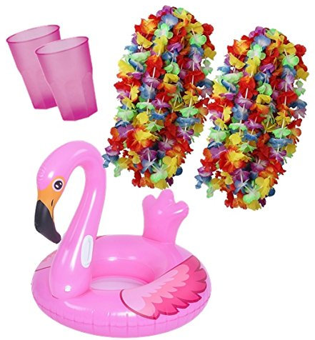 Zeus Party Kit Estate - Salvagente Fenicottero Rosa Gonfiabile + 20 Collane Hawaiane + 20 Bicchieri da Cocktail Fucsia Rosa