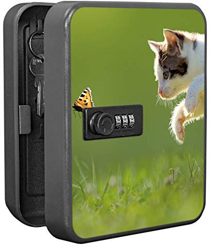 banjado® Burg-Wächter® abschließbarer Schlüsselkasten mit Motiv Jagende Katze für 20 Schlüssel - Schlüsselkasten mit Zahlenschloss 16x20x7,4 cm groß - Schlüsselschrank aus Stahlblech schwarz