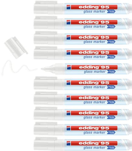 edding 95 marcador para cristal - blanco - 10 rotuladores borrable para vidrio - punta redondeada 1,5-3 mm - para escribir y marcar en ventanas y pizarras de cristal - borrado en seco