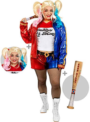 Funidelia | Harley Quinn Kostüm mit Perücke und aufblasbarem Schläger - Suicide Squad für Damen Kostüm für Erwachsene & Verkleidung für Partys, Karneval & Halloween - Größe XXL