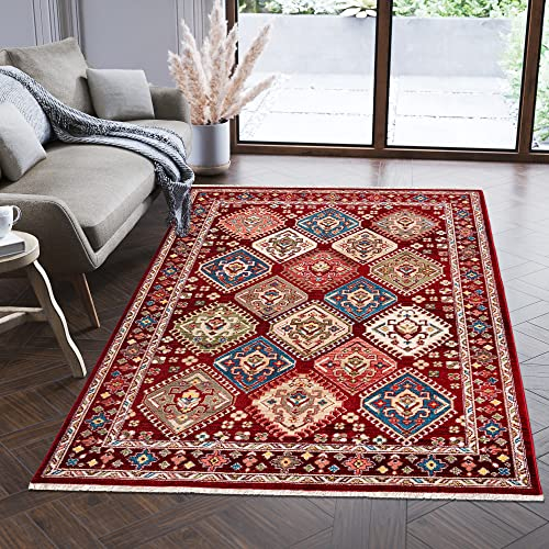 Carpeto Rugs Teppich Orientalisch Muster mit Fransen - Lebendige Farben, Baumwollrücken, Kurzflor Niedriger Flor - Rot 120 x 170 cm