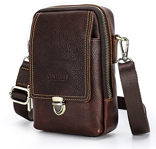 Contacts Echtes Leder Herren Kleine Messenger Taillentasche Gürteltasche Telefon Brieftasche Geldbörsenhalter für Sportcamping Wanderreisen (Rot Braun)