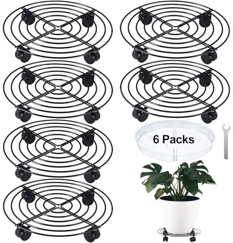 Großer Pflanzenständer aus Metall mit Rollen, 33 cm, robuster Schmiedeeiserner Pflanzenroller, Untersetzer, Untersetzer auf Rädern, für drinnen und draußen, 6 Packungen