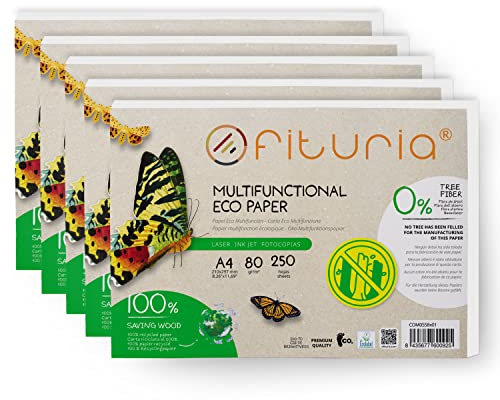 80gr A4 Recyclingpapier, 250 Blatt 100% aus Recyclingpapier, Recyclingpapier Packung mit DIN A4 Blättern, natürliche Farbe geeignet für Laser- und Tintenstrahldrucker - Ofituria (5 Packung)