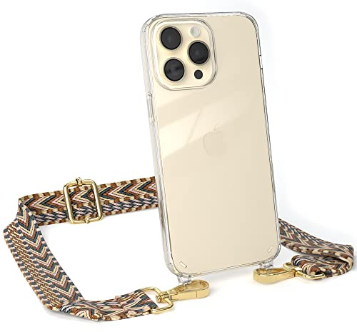 EAZY CASE Handykette - Verstellbares Taschenband kompatibel mit iPhone 14 Pro Max, Schulterriemen, Handykordel mit Silikon Hülle, Umhängetasche, Braun Gold