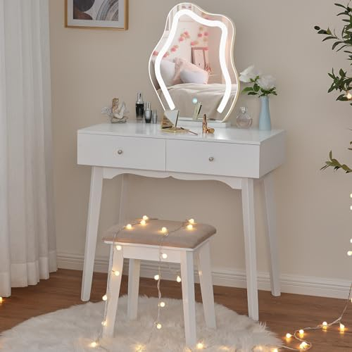 ANWBROAD Schminktisch Eitelkeit Set LED Frisiertisch Kosmetiktisch Spiegel und Hocker 3 Farben Licht einschalten Eitelkeit Schreibtisch Eitelkeit Tisch zum einstellen des lichtes weiß BDT52W