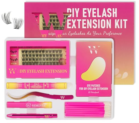 Wimpernverlängerung Kit DIY Cluster Wimpern Kit mit 72 Stück D Curl Wispy Wimpern Bond and Seal Wimpernentferner und Wimpernapplikator für Anfänger zu Hause